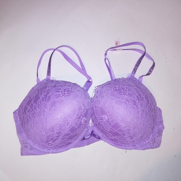 Victoria Secret Bra 34D Bombshell Push Up Purple Shine Strap Lace Bling Adds 2